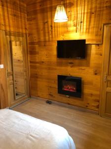 a bedroom with a wall with a fireplace and a tv at Chambres d'Hôte Dijon Clair de Lune in Chenôve