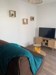 a living room with a couch and a tv at Charmant logement neuf in Hourtin