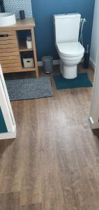 a bathroom with a toilet and a wooden floor at Charmant logement neuf in Hourtin