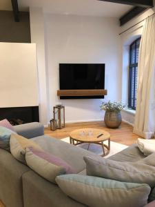 a living room with a couch and a flat screen tv at Loft mit Seeblick in Malchow