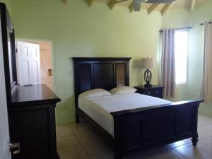 1 dormitorio con 1 cama grande y cabecero de madera en Abigail's Sunflower Entire 2 Bedroom Apt, en Tortola Island