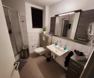 uma casa de banho com um lavatório, um WC e um espelho. em Komfortable Ferienwohnung Auf dem Höchsten em Dortmund