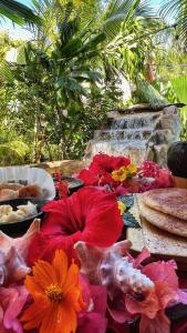 a table filled with different colored flowers and a fountain at CHALET TROPICAL bio-hotel in Las Galeras