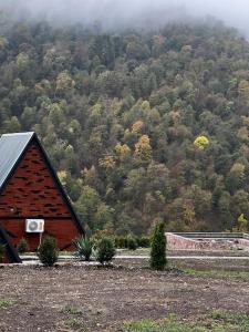 a red barn with a mountain in the background at Green Villa Resort Light Blue in Dilijan