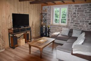 a living room with a couch and a tv at GITE DU BOIS DES HAUTS LES MILLE ETANGS in La Lanterne-et-les-Armonts