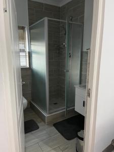 a bathroom with a shower with a glass door at Studio 7 on Risa in Port Elizabeth