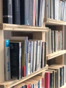 una estantería llena de libros en Superbe appartement centre ville proche des pistes, en Morez