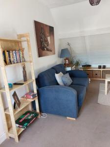 een woonkamer met een blauwe bank en een boekenplank bij The Snug in Goodrich