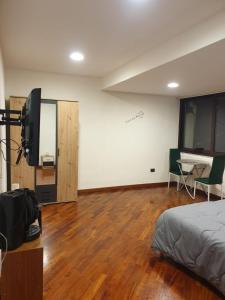 um quarto com uma cama, uma secretária e uma televisão em La Grotta Stazione em Salerno