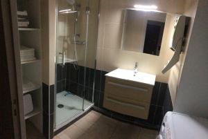 La salle de bains est pourvue d'une douche, d'un lavabo et d'un miroir. dans l'établissement Cap Eden, à Saint-Jean-de-Monts