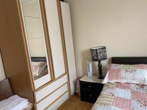 Specious Room in Northolt في Northolt: غرفة نوم بسرير وخزانة ومرآة