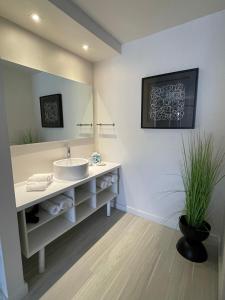 y baño con lavabo y espejo. en Newly Room in cozy hotel with Super location to the Parks, en Kissimmee