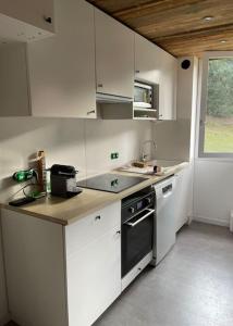 een keuken met witte kasten, een wastafel en een fornuis bij Le cheval noir 37 (6-7 couchages ) in Valmorel