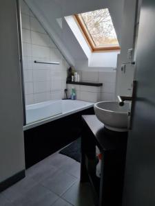 uma casa de banho com um lavatório e uma banheira com uma clarabóia em Appartement de la laiterie avec petit jardin. em Eysus