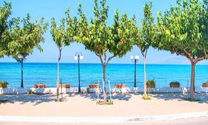 rząd drzew na plaży z oceanem w obiekcie Georgioupolis Blue Villa w mieście Georgioupolis