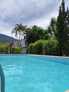 uma grande piscina azul com árvores e palmeiras em Casa com piscina em Aldeia Velha em Quartéis
