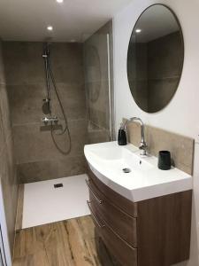 a bathroom with a sink and a shower with a mirror at Logement agréable à la campagne in Saint-Symphorien