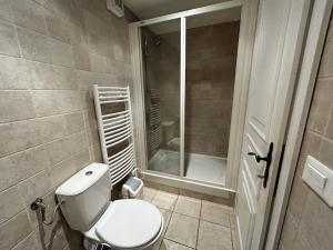 a bathroom with a toilet and a shower at Beautifully Restored 400-year Old House with Stunning Sea Views from the Terrace in Dubrovnik +21 photos