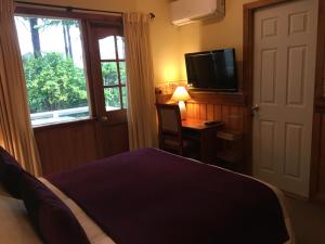 ein Schlafzimmer mit einem Bett, einem Fernseher und einem Fenster in der Unterkunft Merken Bed & Breakfast in Villarrica + 35 Fotos