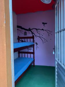 Aluguel de mini quartos e barracas no Perequê-açu de frente para o mar numero 1125 في أوباتوبا: غرفة مع أسرة بطابقين مع جدار شجرة