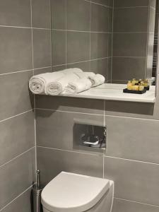 a bathroom with a toilet and towels on a shelf at Private Modern Apartment in Olton