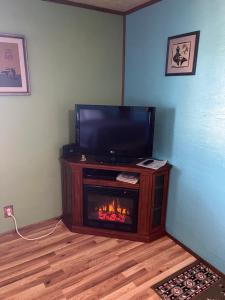 a living room with a television and a fireplace at KMJ Rentals in Congress