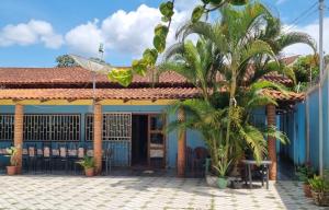 um edifício com duas palmeiras em frente em Casa Temporada Caribe de Alter em Alter do Chão