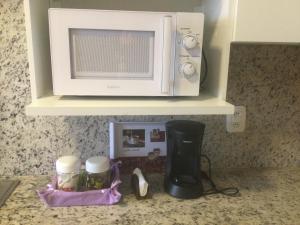 eine Mikrowelle auf einem Regal über einer Küchentheke in der Unterkunft Conforto e simplicidade no centro da cidade in Santana do Livramento
