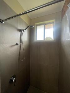 ein Bad mit einer Dusche und einem Fenster in der Unterkunft Avocado Motor Inn in Childers