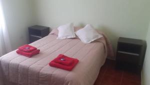 1 dormitorio con 1 cama con 2 toallas rojas en El lucero en Los Antiguos