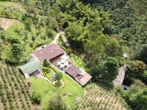 una vista aérea de una casa con jardín y árboles en Hotel Orillas del Pizano, en Jardín