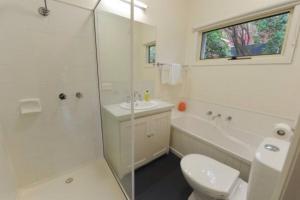 a bathroom with a toilet and a sink and a shower at Apollo Bay Rocket House l Pet-Friendly Free Wi-Fi in Apollo Bay