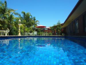 a large blue swimming pool next to a building at Murray River Motel in Swan Hill