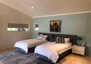 a bedroom with two beds and a painting on the wall at Granite Gardens Cottages & Lake Retreat in Stanthorpe