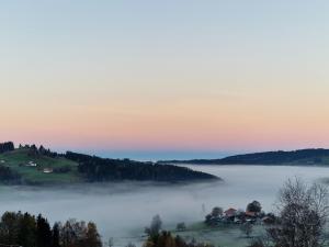 - une vue sur une vallée brumeuse avec des maisons au premier plan dans l'établissement Allgäuer Ausblick, à Missen-Wilhams