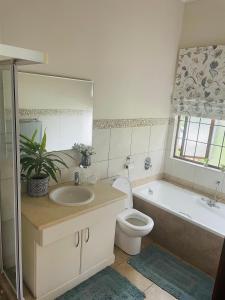 een badkamer met een wastafel, een toilet en een bad bij Champagne Properties, Porterfield Estate in Champagne Valley