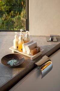 un bancone del bagno con lavandino, sapone e piatto di OnTheRocksBB Solar Powered Guesthouse and Ocean Lodge a Bettyʼs Bay