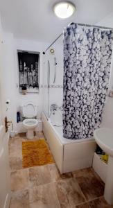 a bathroom with a shower and a toilet and a sink at 2 Bedroom Apartment - Greater London in Dagenham