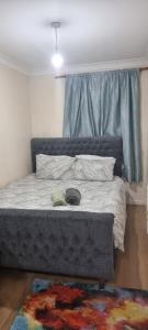 a bedroom with a bed with a blue window and a rug at 2 Bedroom Apartment - Greater London in Dagenham