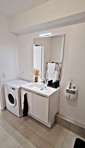 La salle de bains est pourvue d'un lave-linge et d'un lavabo. dans l'établissement Charmant Loft parking gratuit 5min gare, à Le Plessis-Bouchard