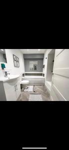 a bathroom with a sink and a toilet at Homely and Deceptively large city house in Swansea