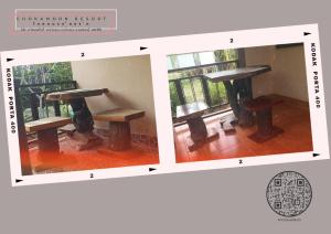 two photographs of a table and a window at โชคอมร รีสอร์ท in Ban Dung