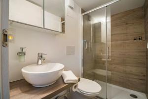 ein Bad mit einem Waschbecken, einem WC und einer Dusche in der Unterkunft Ales Green in Camorino