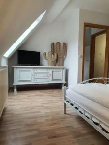 a bedroom with a bed and a tv on a wall at Schöne Wohnungen in Schwandorf in Schwandorf in Bayern