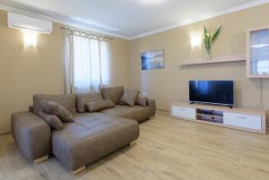 a living room with a couch and a flat screen tv at Apartments Belvedere in Plovanija