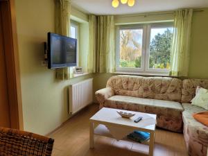 een woonkamer met een bank en een tv bij Ferienwohnung mit 2 Schlafzimmern in Zinnowitz