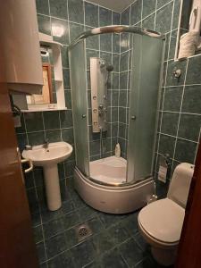 uma casa de banho com um chuveiro, um WC e um lavatório. em Diplomat em Divčibare