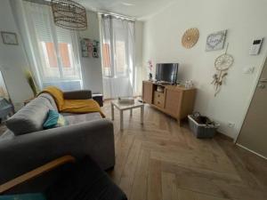 a living room with a couch and a tv at F2 Rez de Chaussée Ô meublé de Pithiviers in Pithiviers