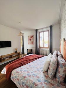 a bedroom with a large bed with a tv on the wall at Charmant appartement plein centre ville - parking privé in Auxerre