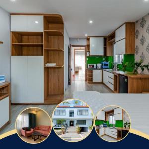 una cocina con armarios blancos y de madera y una habitación en Coco Homestay en Phu Quoc